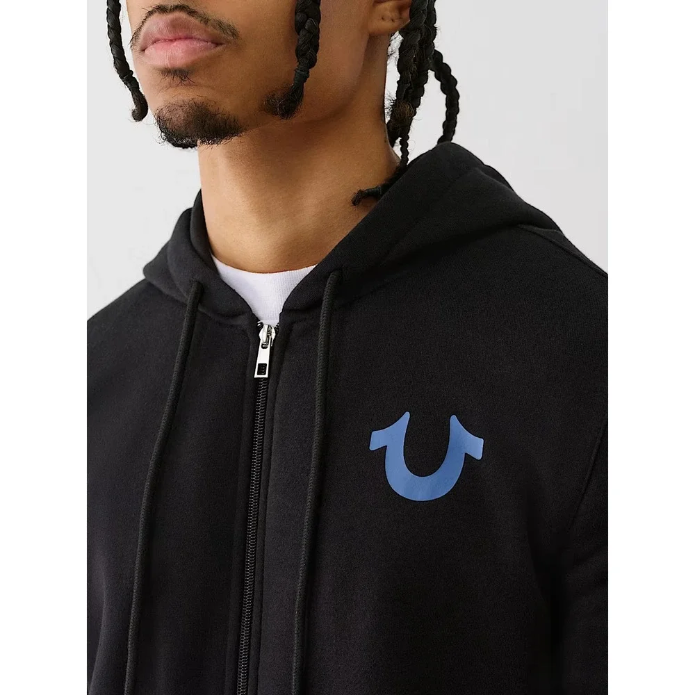 True Religion‎ Studded Retro Logo Zip Black Hoodie Size Large Exclusive